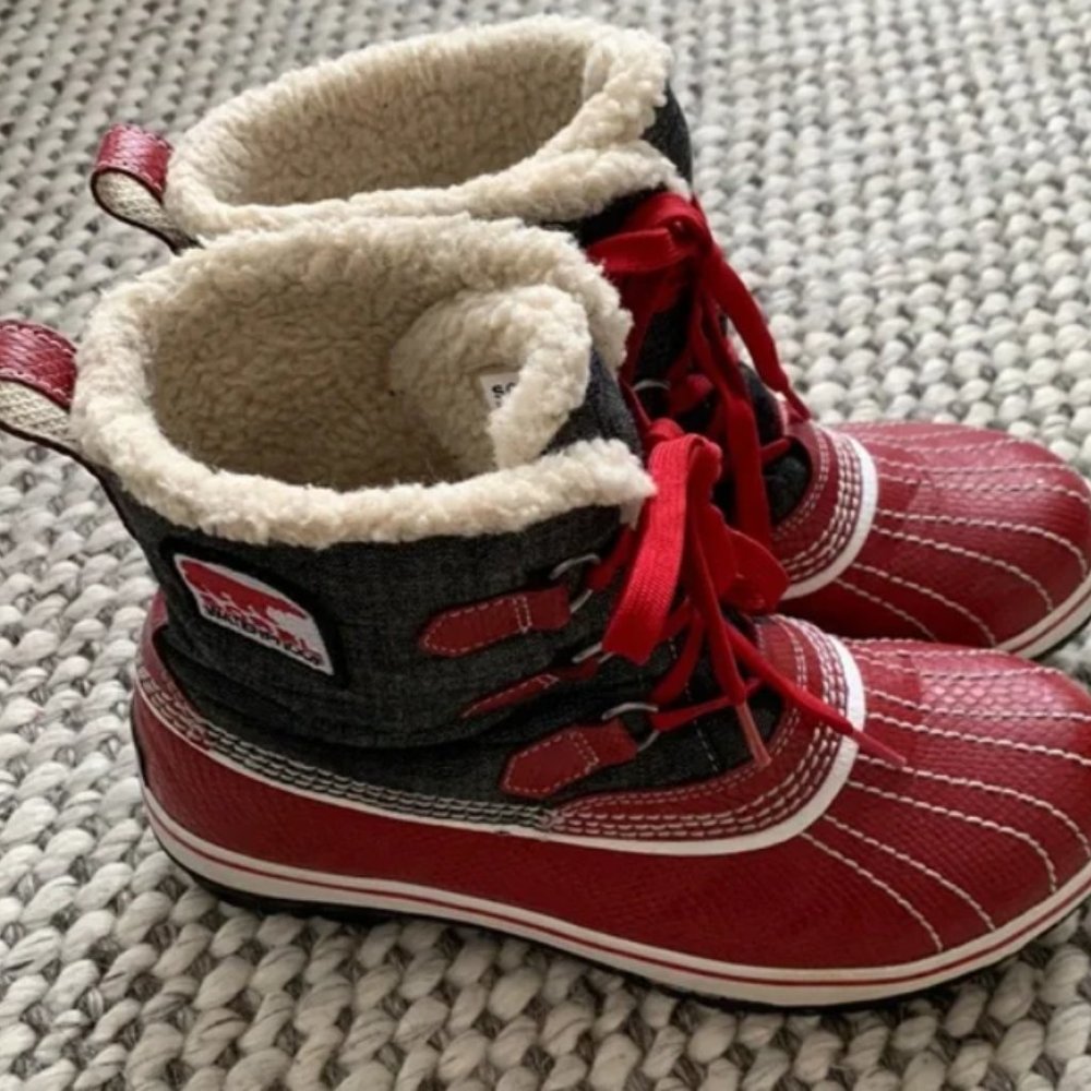 % Sorel Red & Denim Waterproof Winter Boots